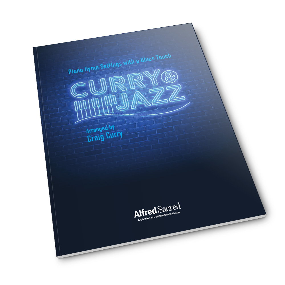 The blue cover of Curry and Jazz - Piano Hymn Settings with a Touch of Blues